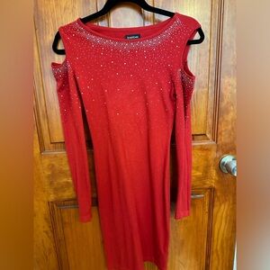 Red Cold Shoulder Rhinestone Dress
